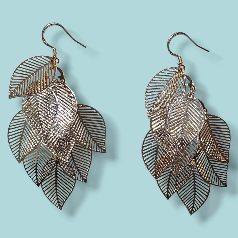 Silver‎ Tone Leaf Chandelier Dangle Earrings 925 Hooks Statement Boho